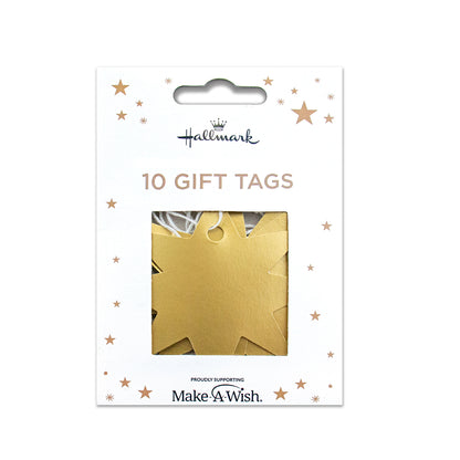 Hallmark Gift Tags 10 Pack - Gold Stars featuring gold foil star design in packaging with hanging tag and twine.