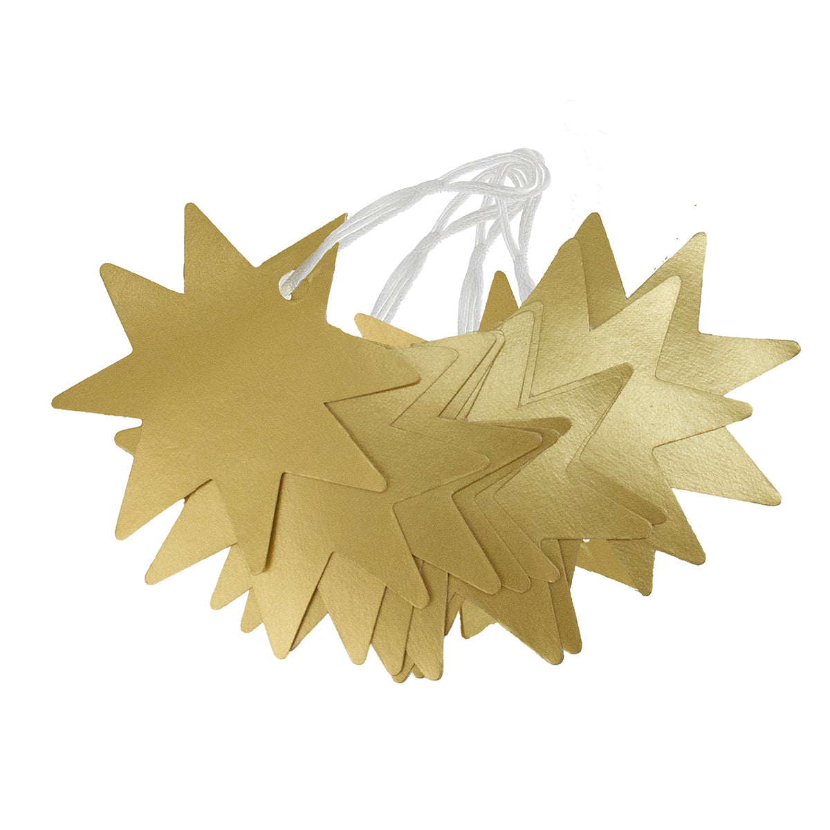 Hallmark Gift Tags 10 Pack - Gold Stars in a flat lay with white twine, ideal for adding elegance to gifts.