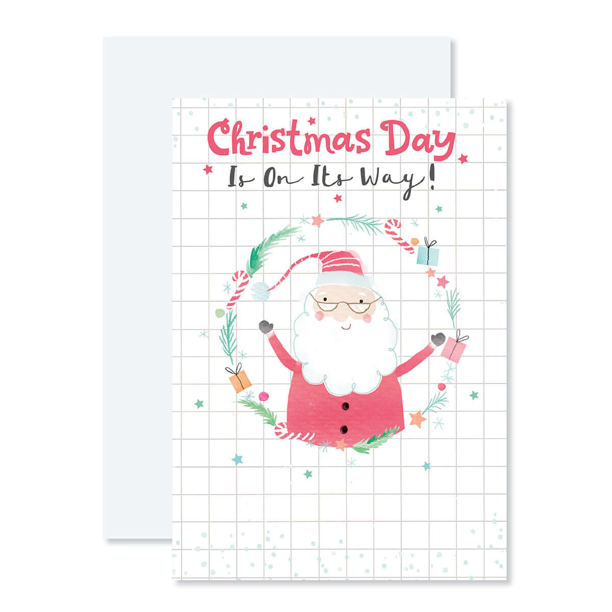 Creative Publishing by Hallmark Christmas Card - On Its Way, featuring an illustration of cheerful Santa in a wreath, with white envelope.