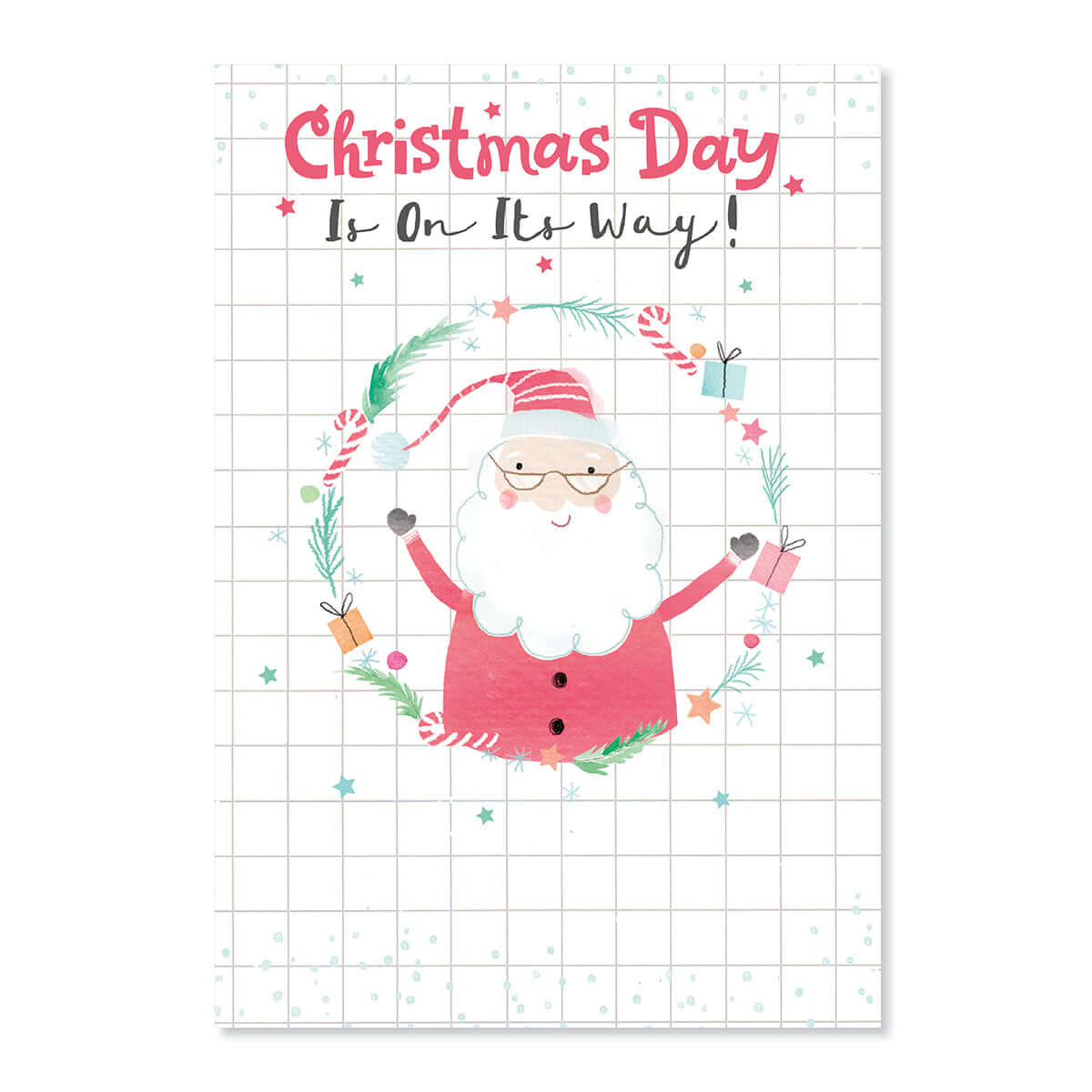 Creative Publishing by Hallmark Christmas Card - On Its Way with Santa illustration in a wreath, flat lay design on grid background.