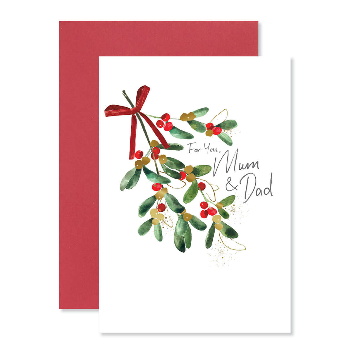 Hallmark Christmas card for Mum & Dad - Magic & Laughter featuring holly illustration and a red bow, flat lay with red envelope.