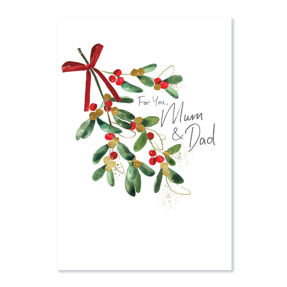 Hallmark Christmas Card For Mum & Dad - Magic & Laughter featuring holly illustration and red bow, a festive design for Christmas greetings.