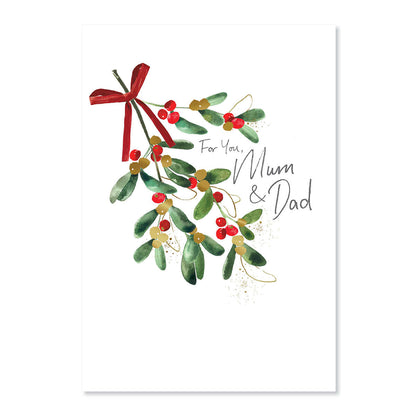 Hallmark Christmas Card For Mum & Dad - Magic & Laughter featuring holly illustration and red bow, a festive design for Christmas greetings.