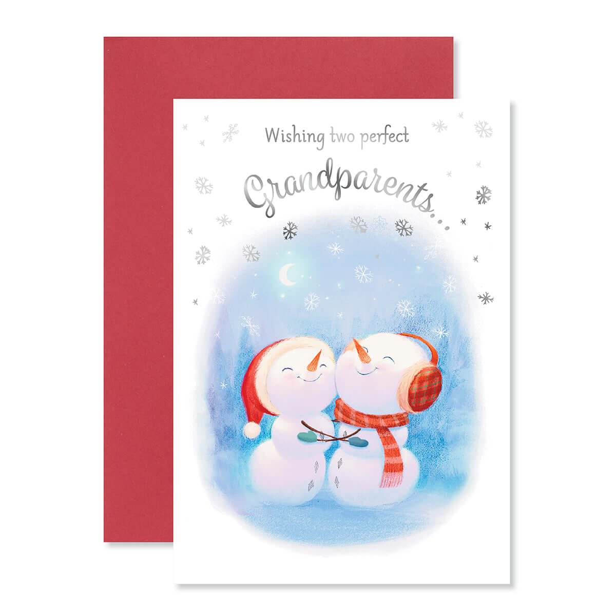 Hallmark Christmas card for grandparents - One Perfect Christmas featuring snowmen illustration, silver foil accents, and red envelope.