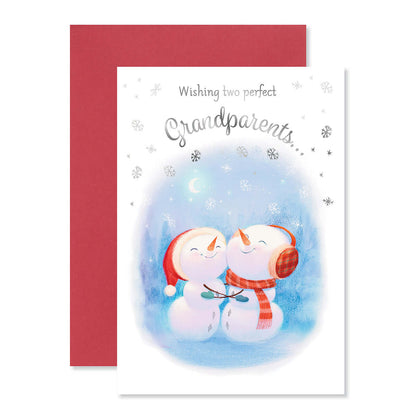 Hallmark Christmas card for grandparents - One Perfect Christmas featuring snowmen illustration, silver foil accents, and red envelope.