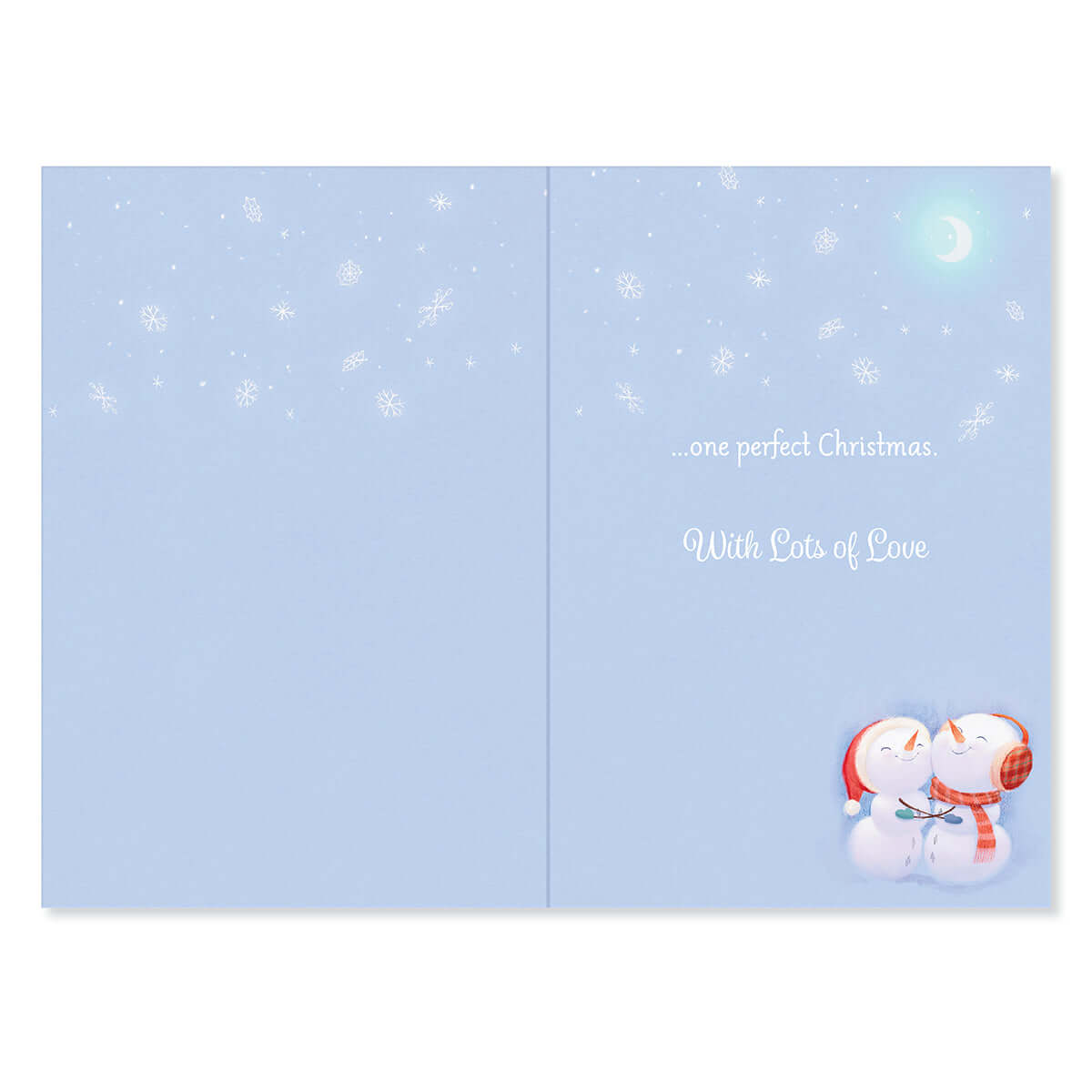 Hallmark Christmas Card For Grandparents - One Perfect Christmas, inside view featuring snowmen illustration, blue background and heartfelt message.