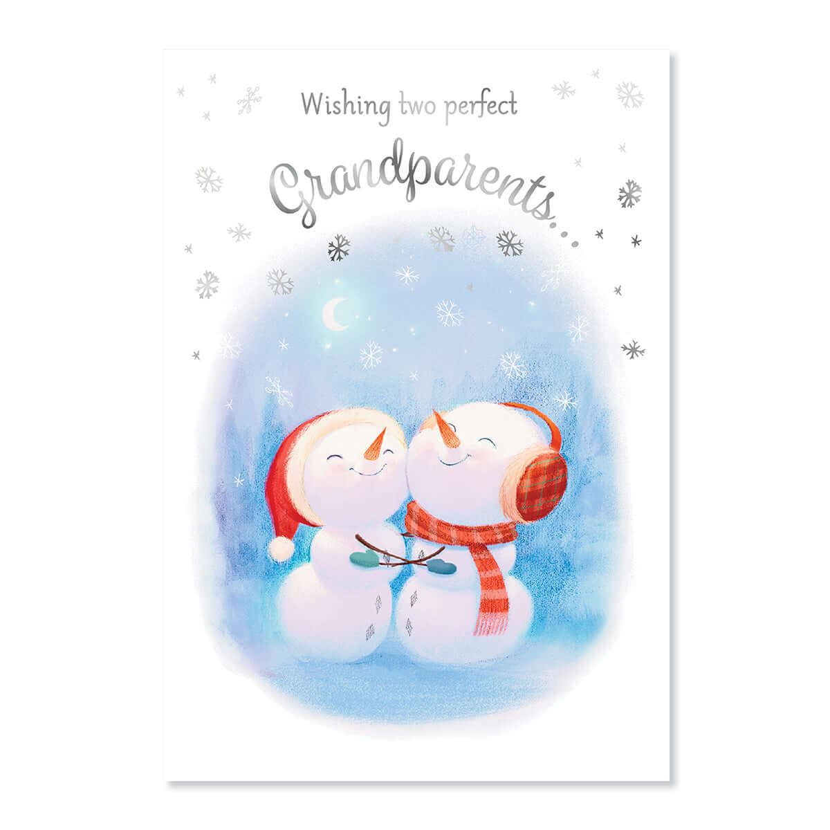 Hallmark Christmas Card For Grandparents - One Perfect Christmas featuring two cheerful snowmen in winter scene with silver foil highlights.
