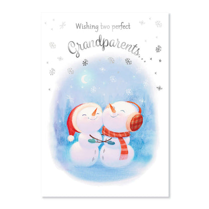 Hallmark Christmas Card For Grandparents - One Perfect Christmas featuring two cheerful snowmen in winter scene with silver foil highlights.