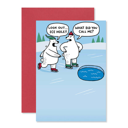 Hallmark Christmas card - Ice Hole featuring two polar bears skating on ice with humorous text and a red envelope.