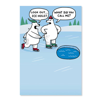 Hallmark Christmas Card - Ice Hole featuring two polar bears ice skating with humorous speech bubbles.