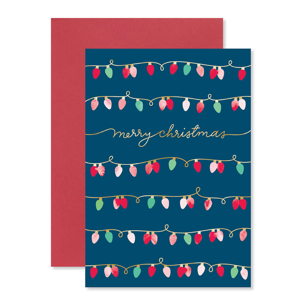 Hallmark Christmas card - Colourful string lights featuring bright illustrations and gold foil detail on a dark blue background.