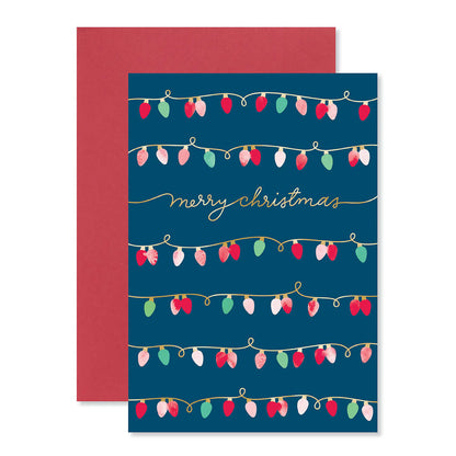 Hallmark Christmas card - Colourful string lights featuring bright illustrations and gold foil detail on a dark blue background.
