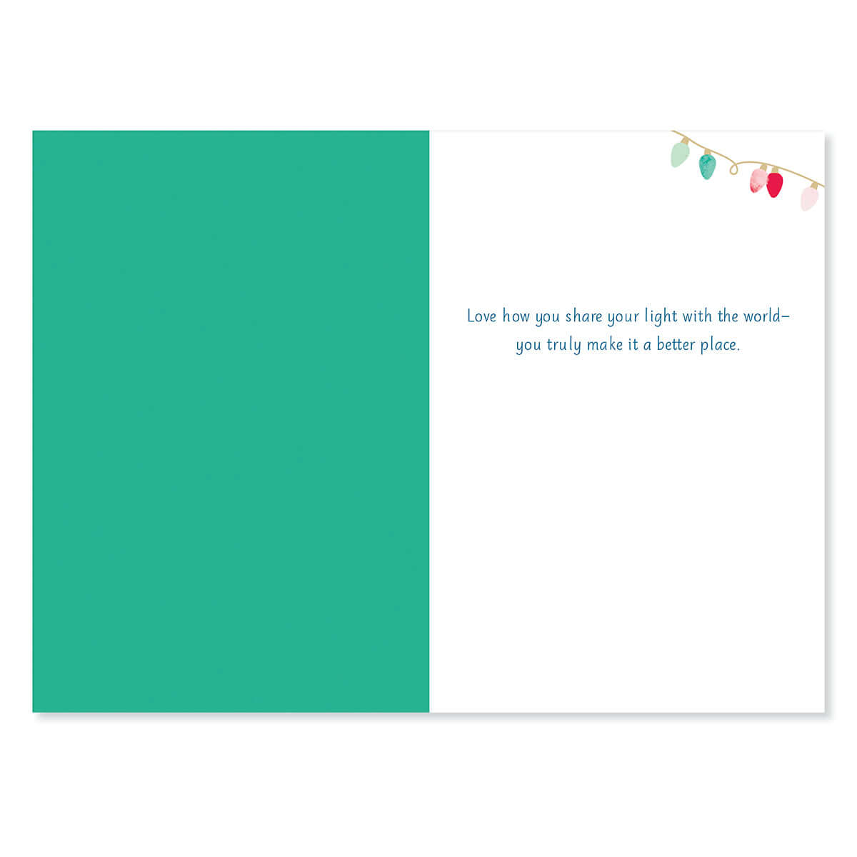 Hallmark Christmas Card - Colourful String Lights with green interior and message about sharing light and kindness, flat lay view.