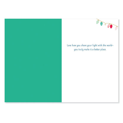 Hallmark Christmas Card - Colourful String Lights with green interior and message about sharing light and kindness, flat lay view.