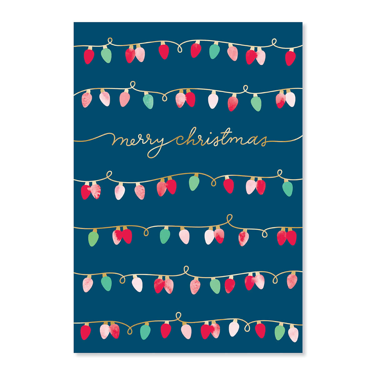 Hallmark Christmas card - Colourful String Lights with gold foil detail, featuring colourful Christmas lights on a navy background.