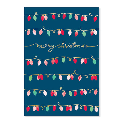 Hallmark Christmas card - Colourful String Lights with gold foil detail, featuring colourful Christmas lights on a navy background.