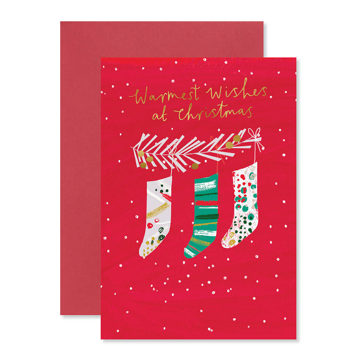 Hallmark Christmas card - Warmest Wishes with gold foil and illustrations of colourful stockings on a red background.