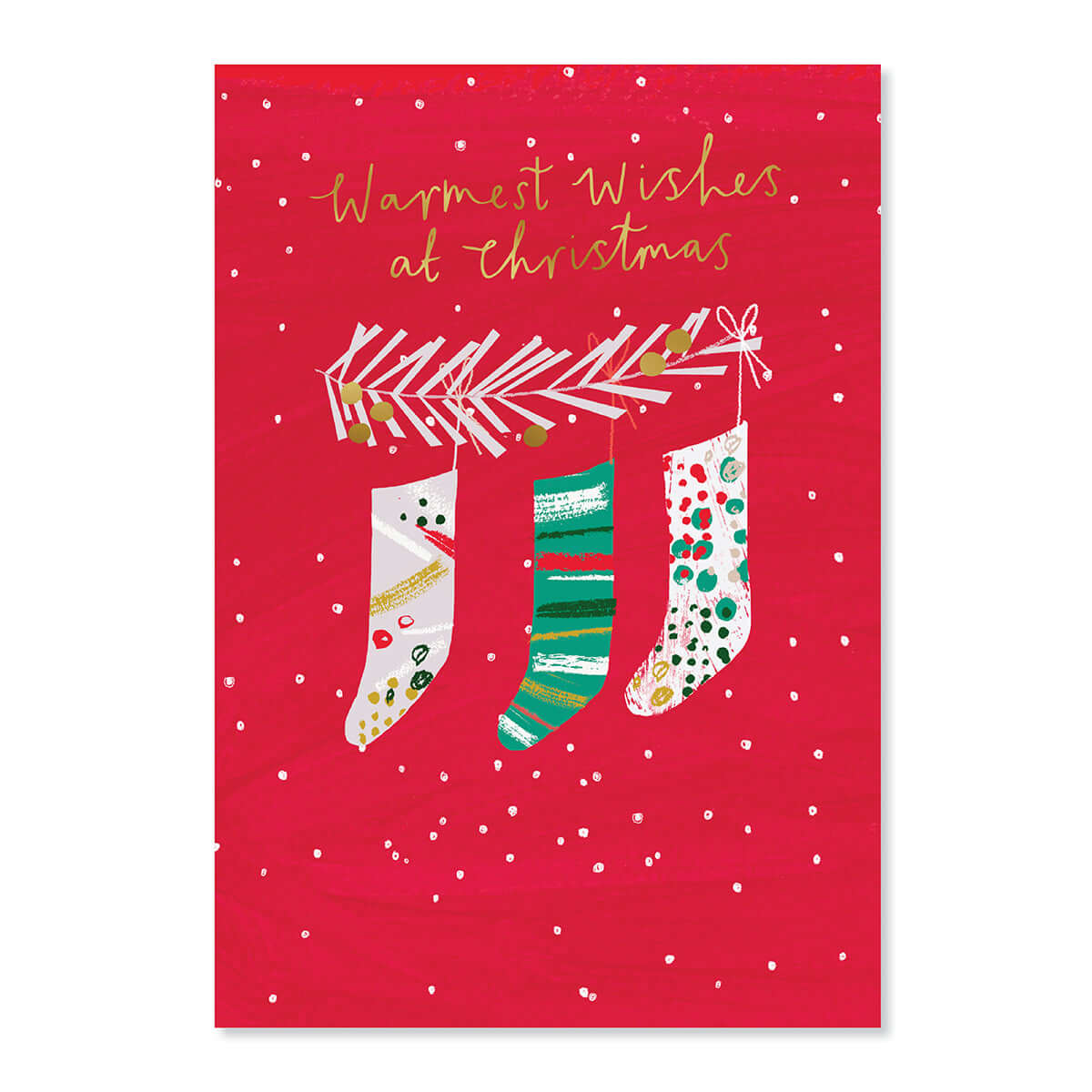 Hallmark Christmas Card - Warmest Wishes features three decorated stockings hanging from a garland on a vibrant red background.