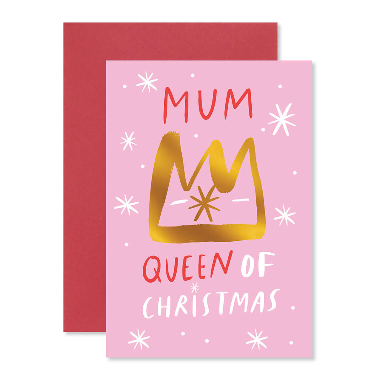 Hallmark Christmas card for Mum - Queen's Crown with pink background, gold crown illustration, and red envelope.