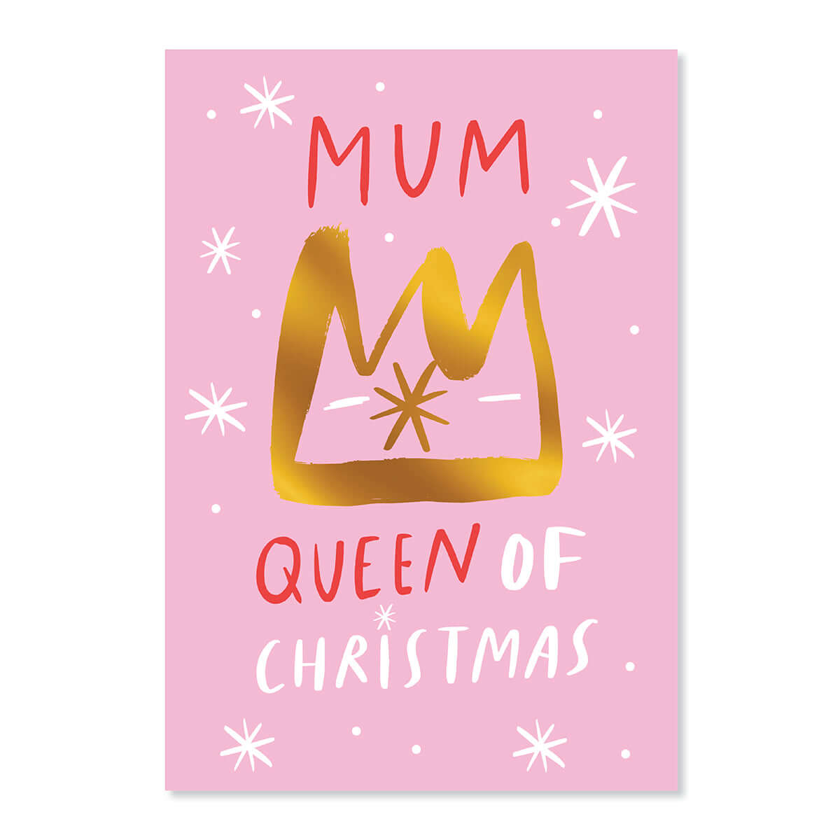 Hallmark Christmas Card For Mum - Queen's Crown, pink background, illustrated gold crown, festive typography and stars.