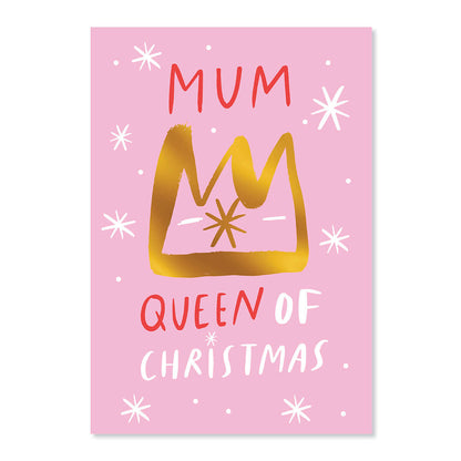 Hallmark Christmas Card For Mum - Queen's Crown, pink background, illustrated gold crown, festive typography and stars.