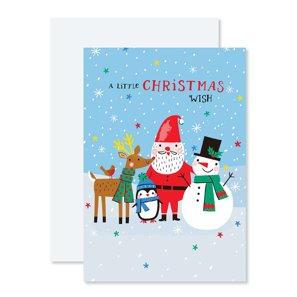 Creative Publishing by Hallmark Christmas Card - Santa Claus & Friends featuring Santa, reindeer, penguin, and snowman in snowy scene.