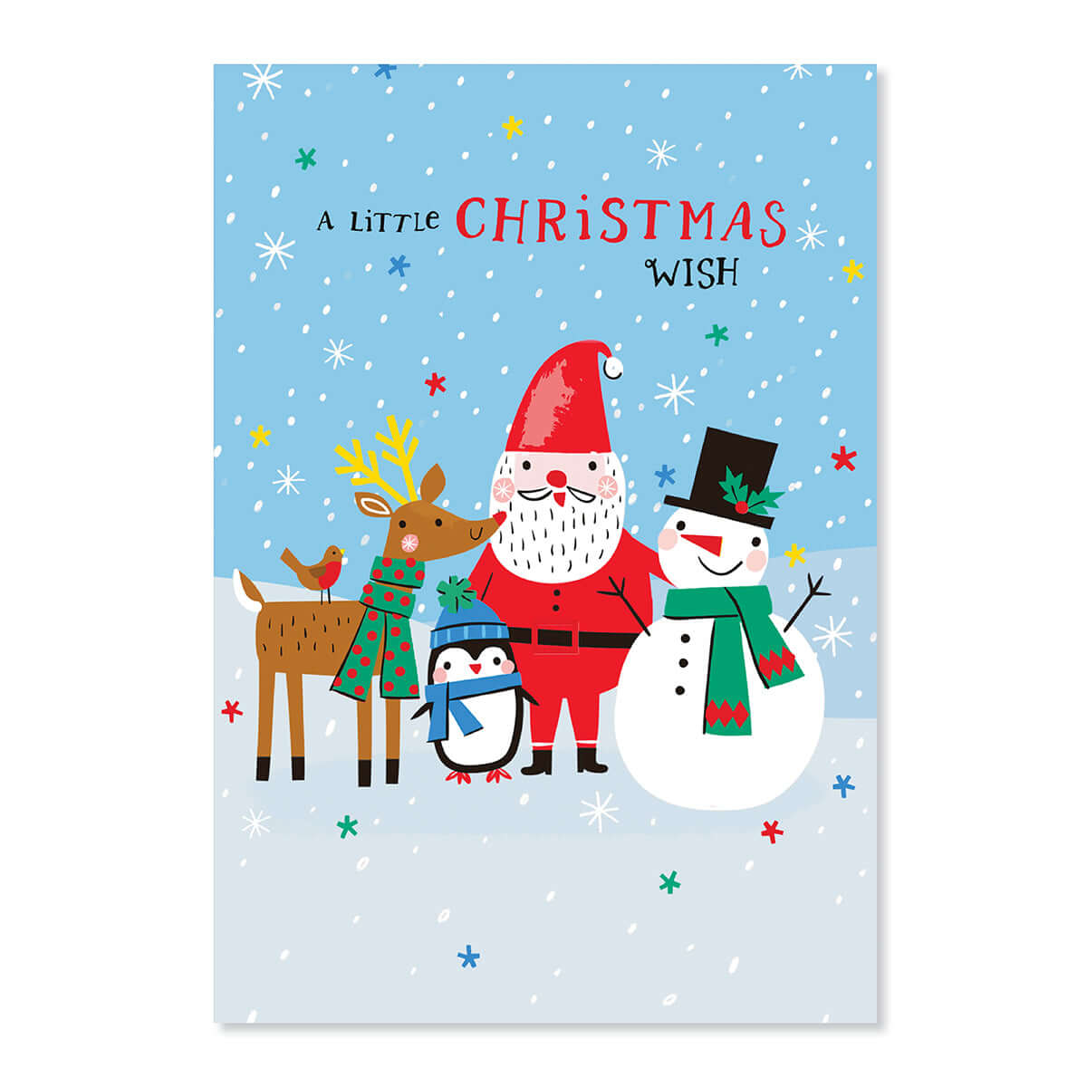Creative Publishing by Hallmark Christmas Card - Santa Claus & Friends featuring Santa, reindeer, penguin, and snowman in snow.
