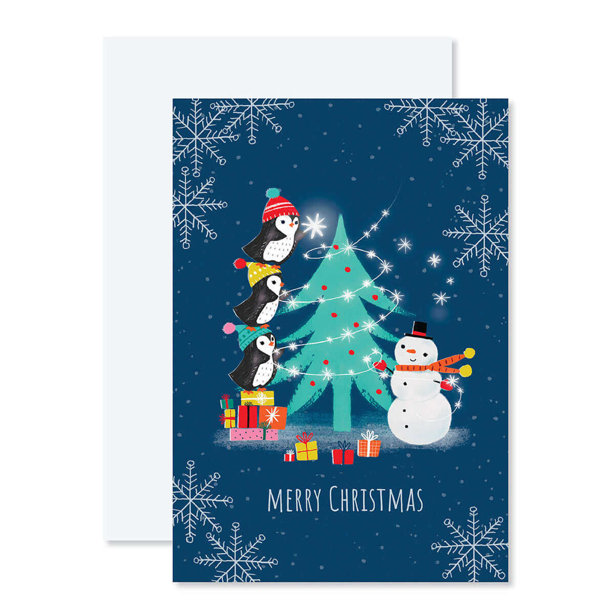 Creative Publishing by Hallmark Christmas Card - Penguins & Snowman featuring three penguins decorating a tree with a snowman on the front.