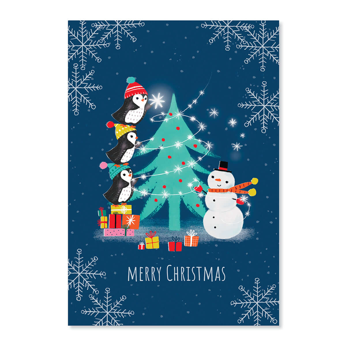 Creative Publishing by Hallmark Christmas Card - Penguins & Snowman with three penguins decorating a Christmas tree in the snow.
