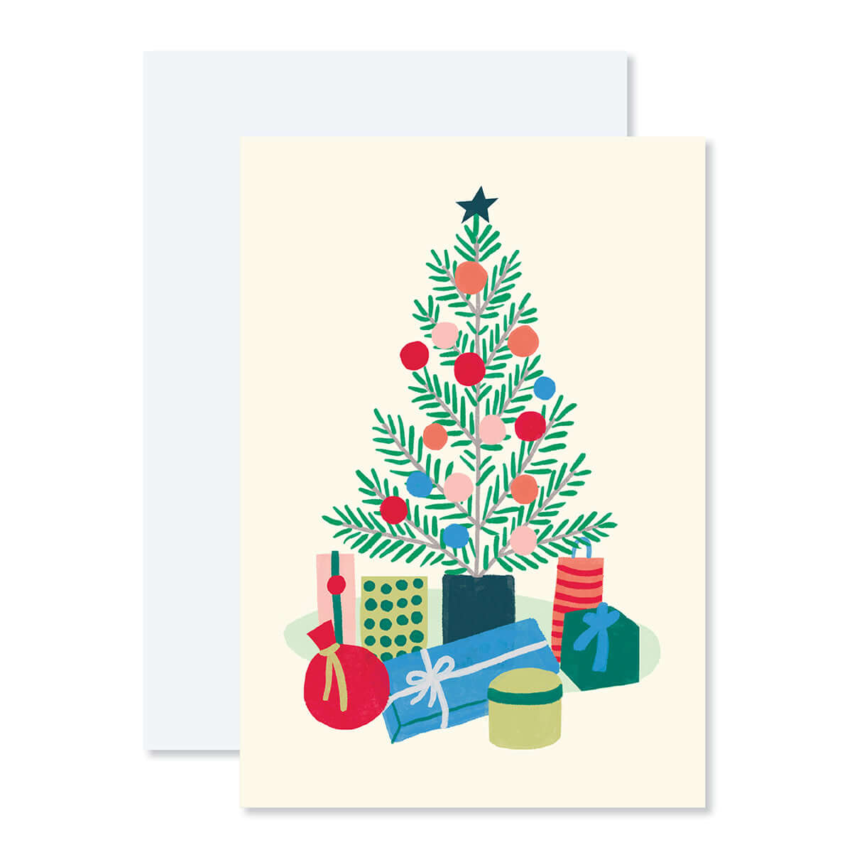 Creative Publishing by Hallmark Christmas card - colourful tree & gifts, featuring illustrated tree and wrapped presents in vibrant colours.