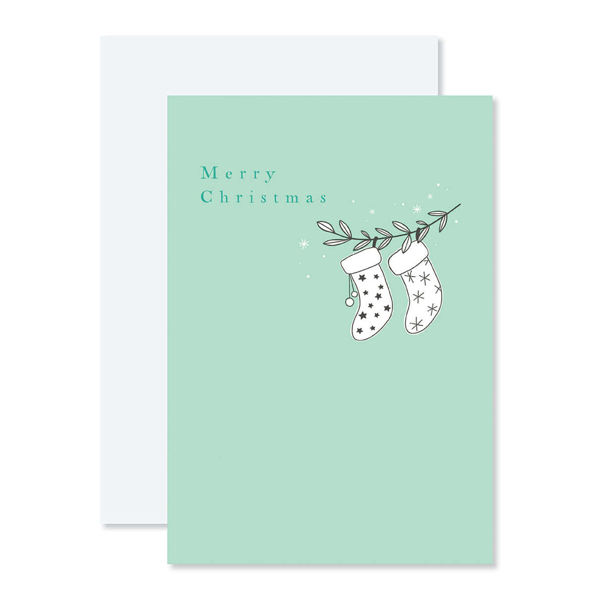 Creative Publishing by Hallmark Christmas Card - Stockings in mint green featuring two illustrated stockings and 'Merry Christmas' text