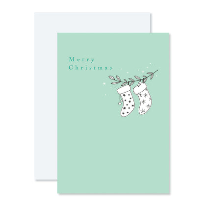 Creative Publishing by Hallmark Christmas Card - Stockings in mint green featuring two illustrated stockings and 'Merry Christmas' text