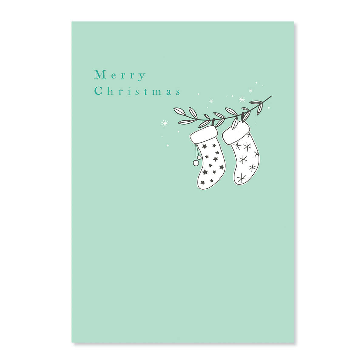 Creative Publishing by Hallmark Christmas Card - Stockings featuring illustrated stockings on a mint green background with a 'Merry Christmas' message.