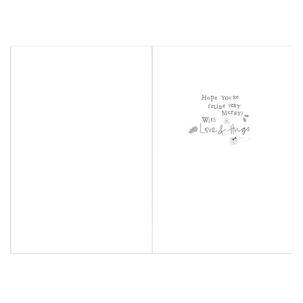 Hallmark Christmas Card - From the Cat interior showing the message 'Hope you're feline very Merry! With Love & Hugs' on white background.
