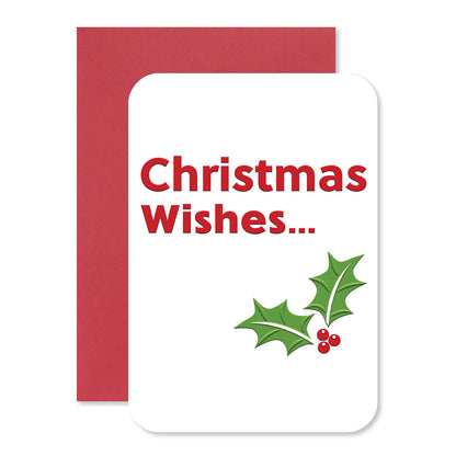 Hallmark Christmas Card - Wishes For You featuring red embossed envelope, holly illustration, and 'Christmas Wishes' message.