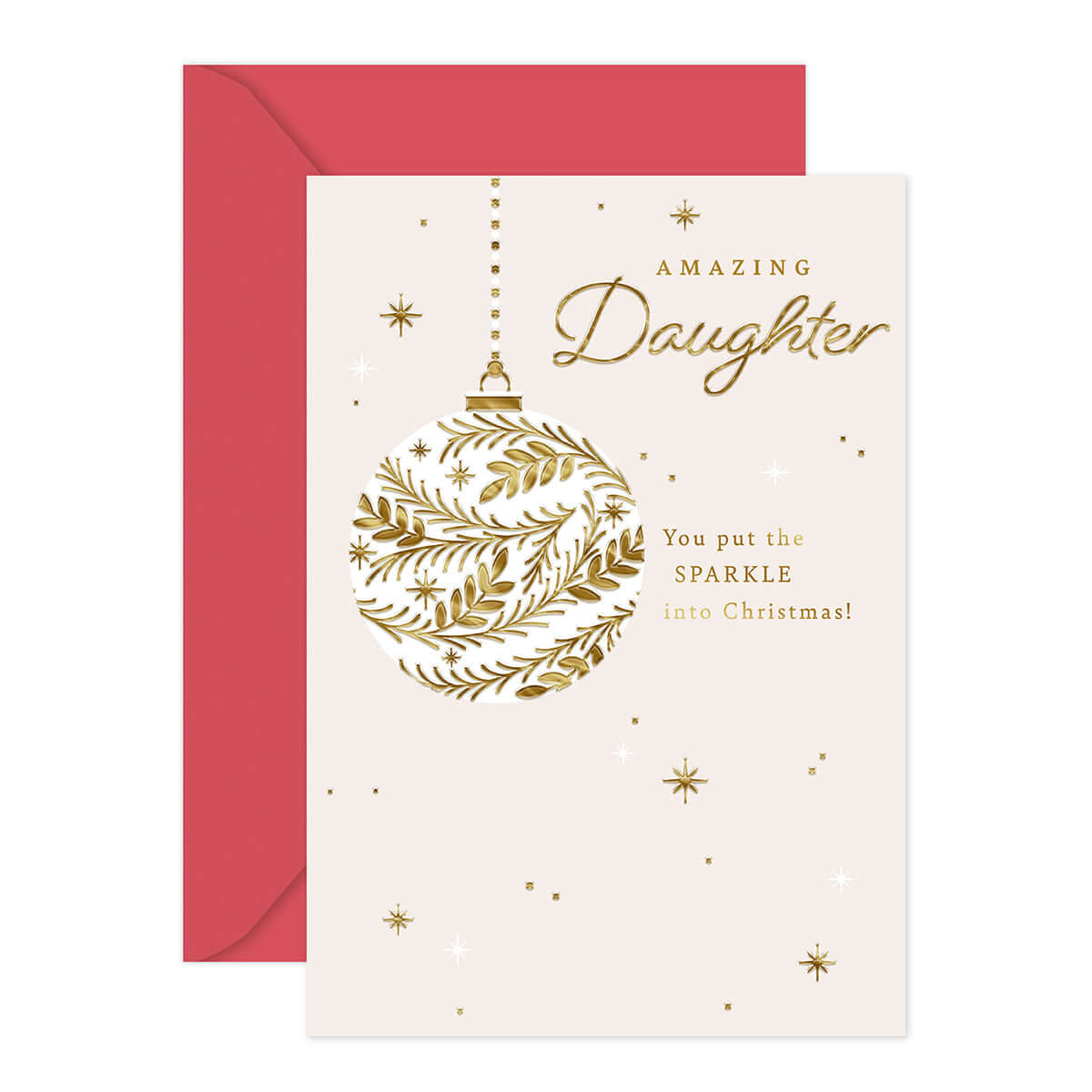Hallmark Christmas Card - Amazing Daughter featuring gold foil bauble design and red envelope with embossed logo.