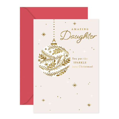Hallmark Christmas Card - Amazing Daughter featuring gold foil bauble design and red envelope with embossed logo.