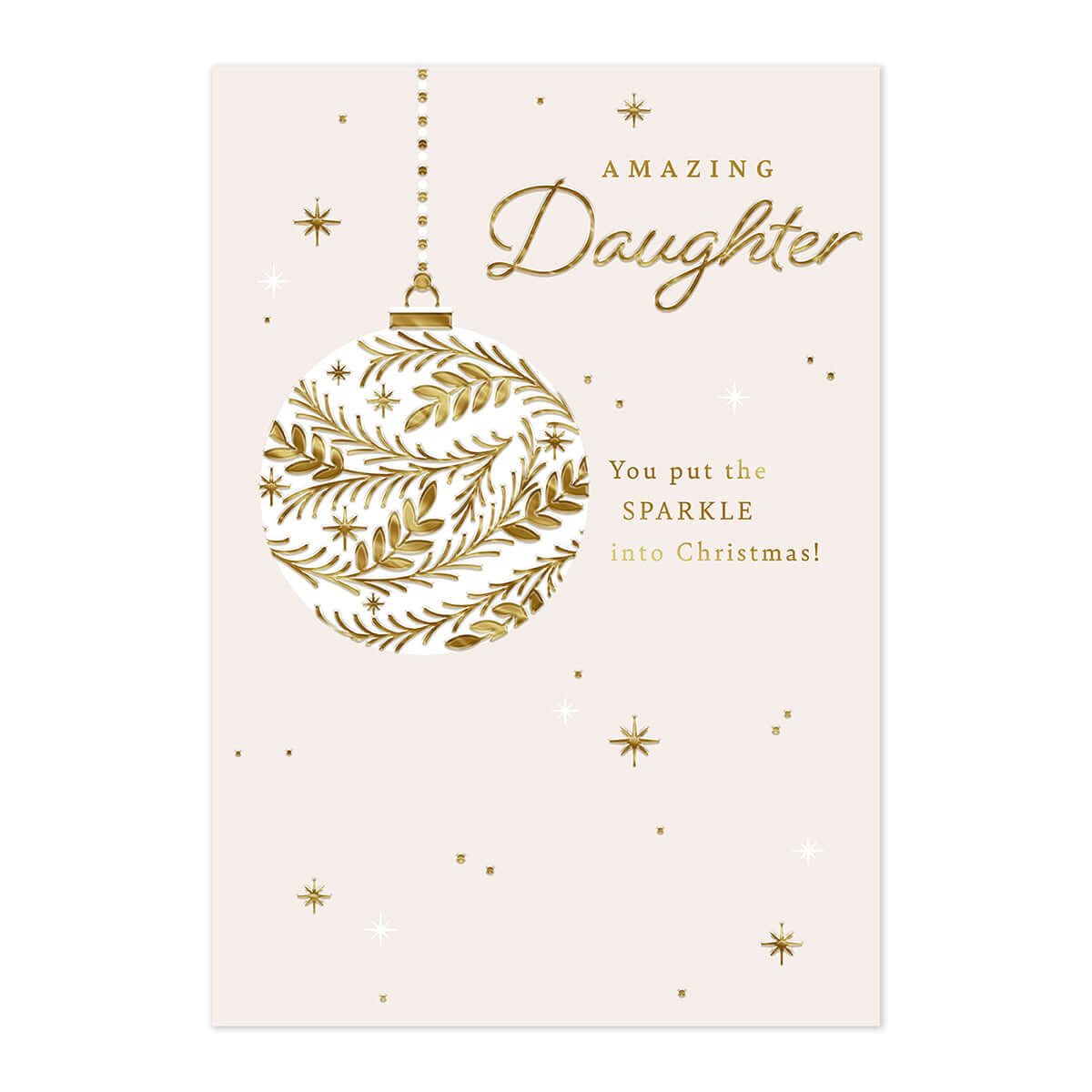 Hallmark Christmas Card - Amazing Daughter featuring a gold foil bauble design with ornate details and festive text