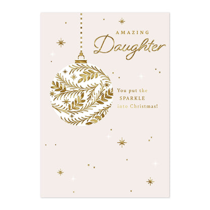 Hallmark Christmas Card - Amazing Daughter featuring a gold foil bauble design with ornate details and festive text