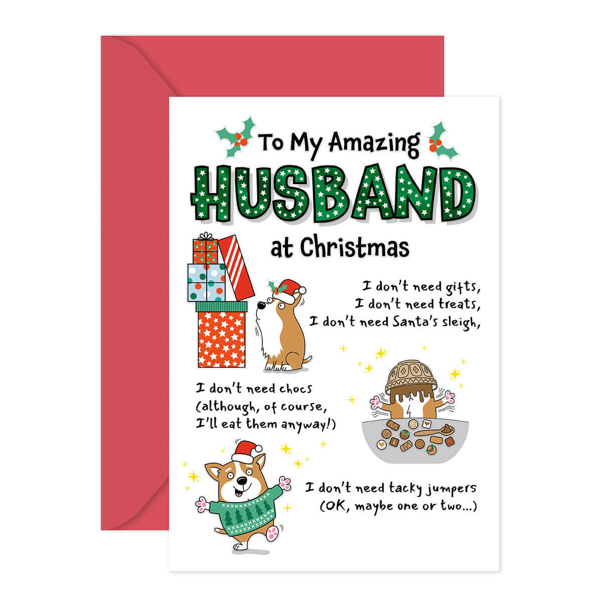 Hallmark Christmas Card - Amazing Husband, humorous message, featuring animal illustrations and festive colours, flat lay view.