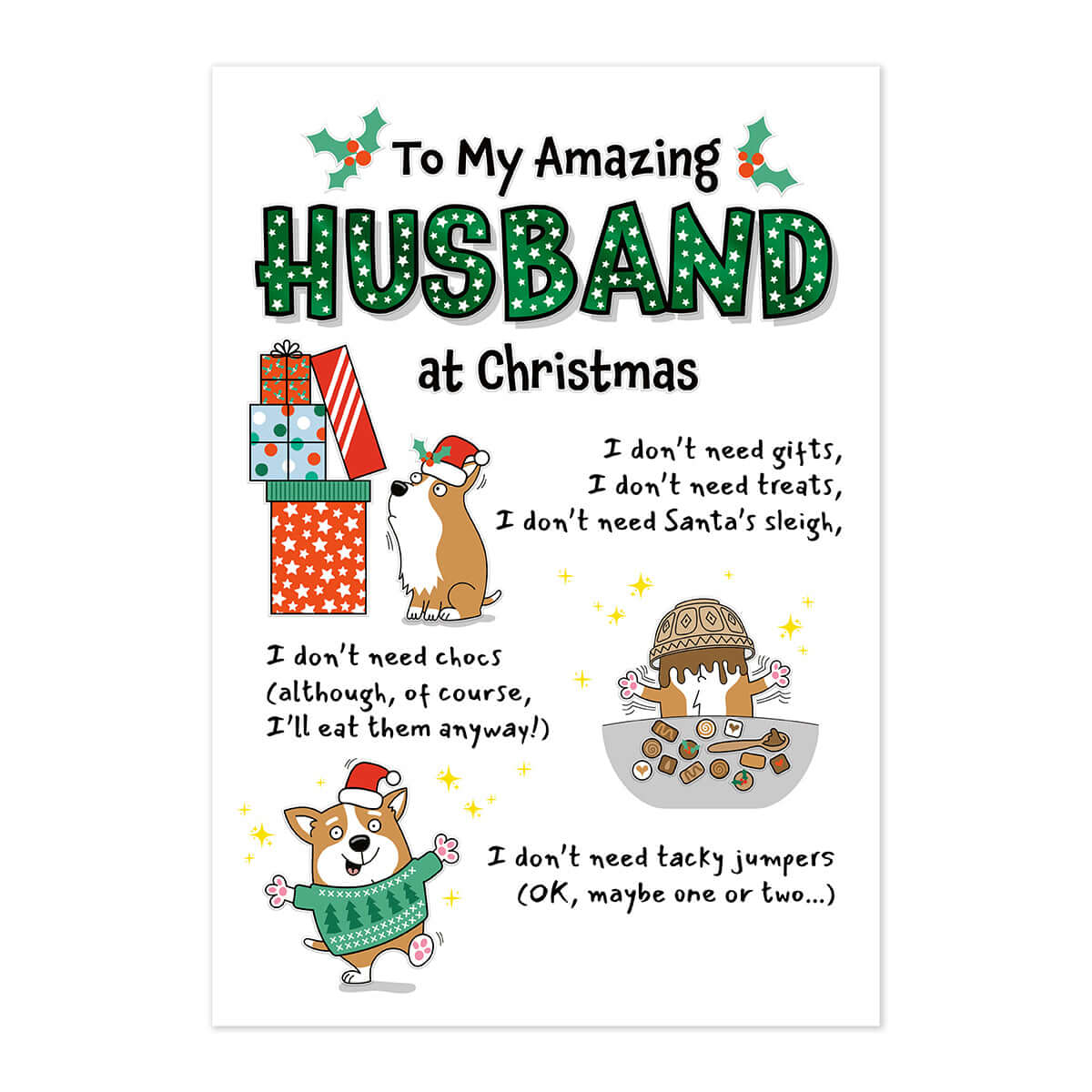 Hallmark Christmas card - Amazing Husband, humorous design with festive graphics, featuring playful illustrations and foil detailing.