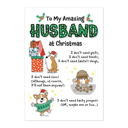 Hallmark Christmas card - Amazing Husband, humorous design with festive graphics, featuring playful illustrations and foil detailing.