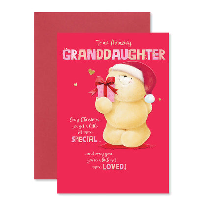 Hallmark Forever Friends Christmas Card For Granddaughter - Special & Loved with a bear in a Santa hat holding a gift against a pink background.