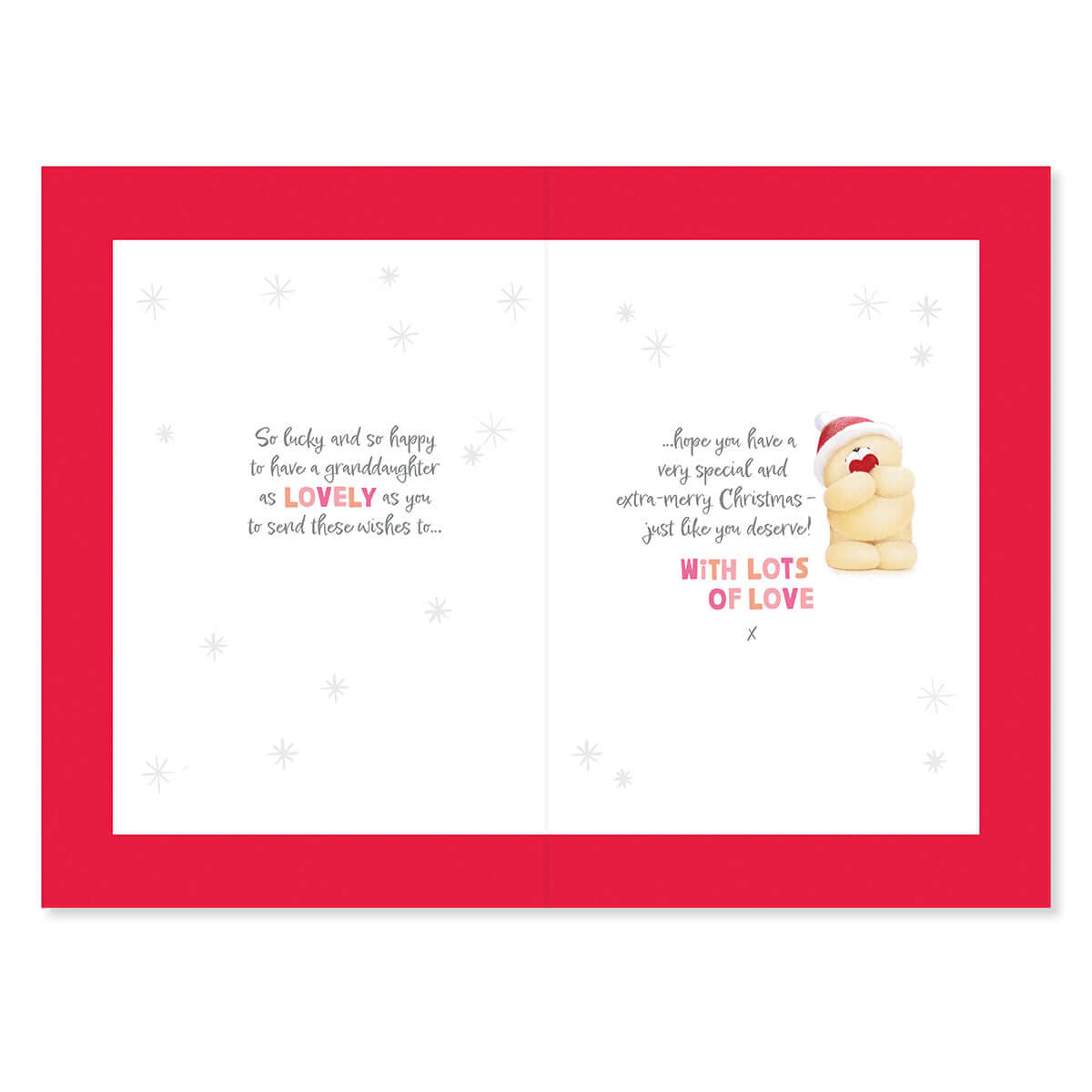 Hallmark Forever Friends Christmas Card For Granddaughter - Special & Loved, inside view with red border and bear illustration