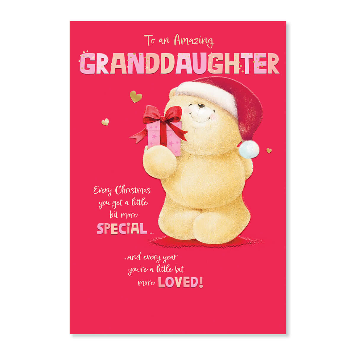 Hallmark Forever Friends Christmas Card For Granddaughter - Special & Loved featuring a cute bear with a Santa hat and gift illustration.