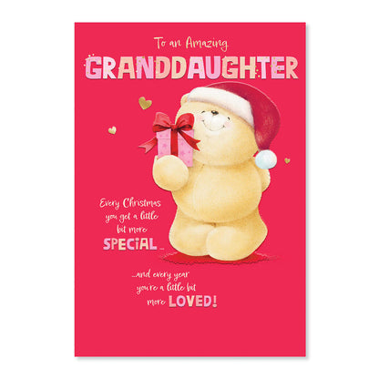 Hallmark Forever Friends Christmas Card For Granddaughter - Special & Loved featuring a cute bear with a Santa hat and gift illustration.
