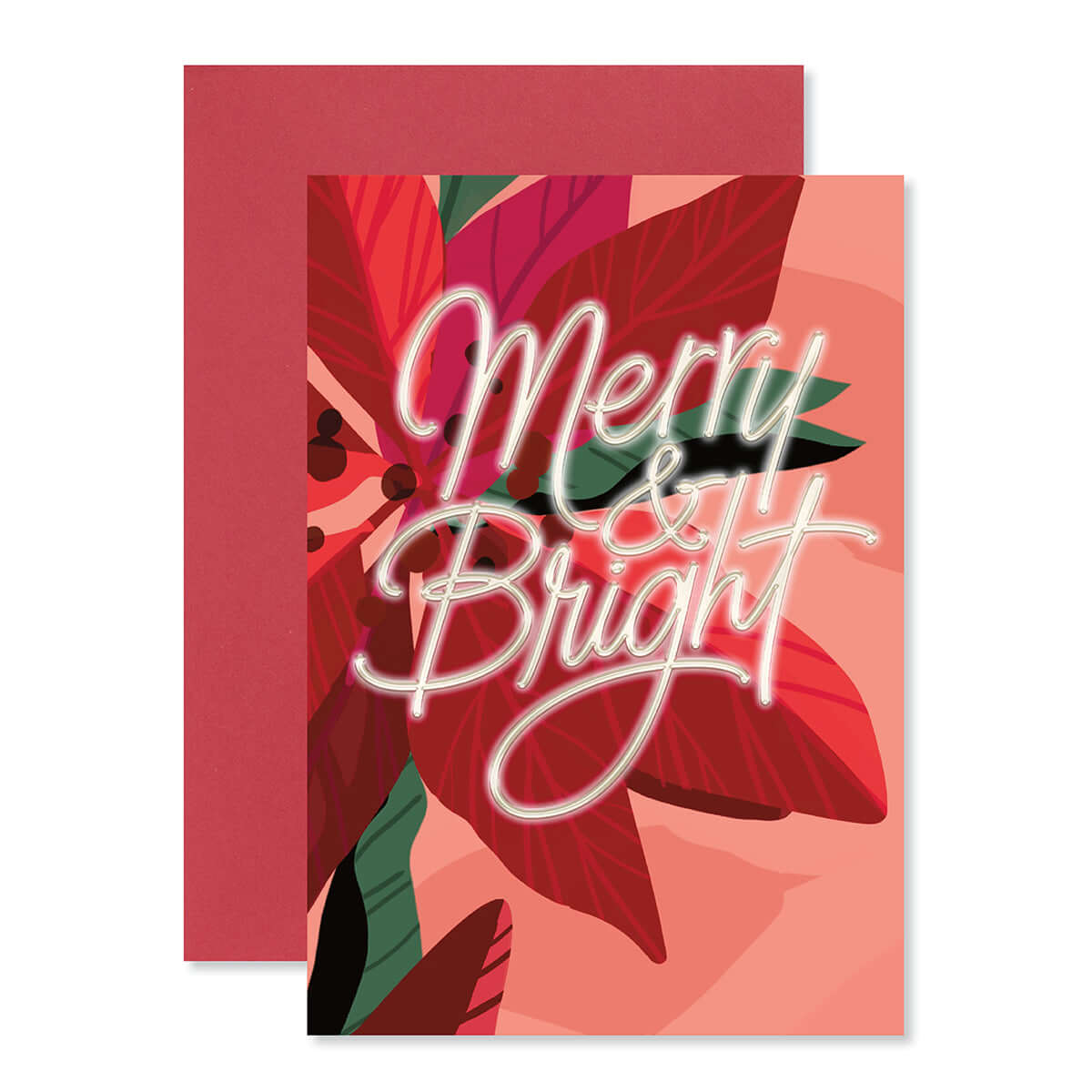 Hallmark Christmas Card - Merry & Bright featuring a poinsettia illustration and embossed text on a vibrant background, with a red envelope.