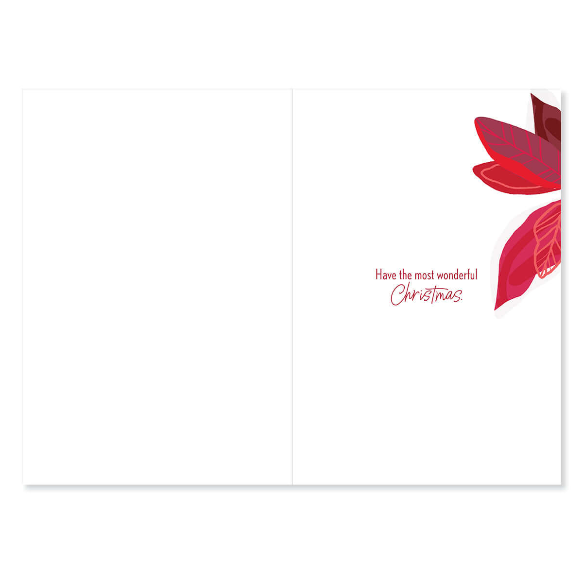 Hallmark Christmas Card - Merry & Bright interior design with an illustration of poinsettia leaves and festive greeting.