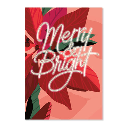Hallmark Christmas Card - Merry & Bright with poinsettia illustration and pearlescent highlights, featuring red and green leaves.