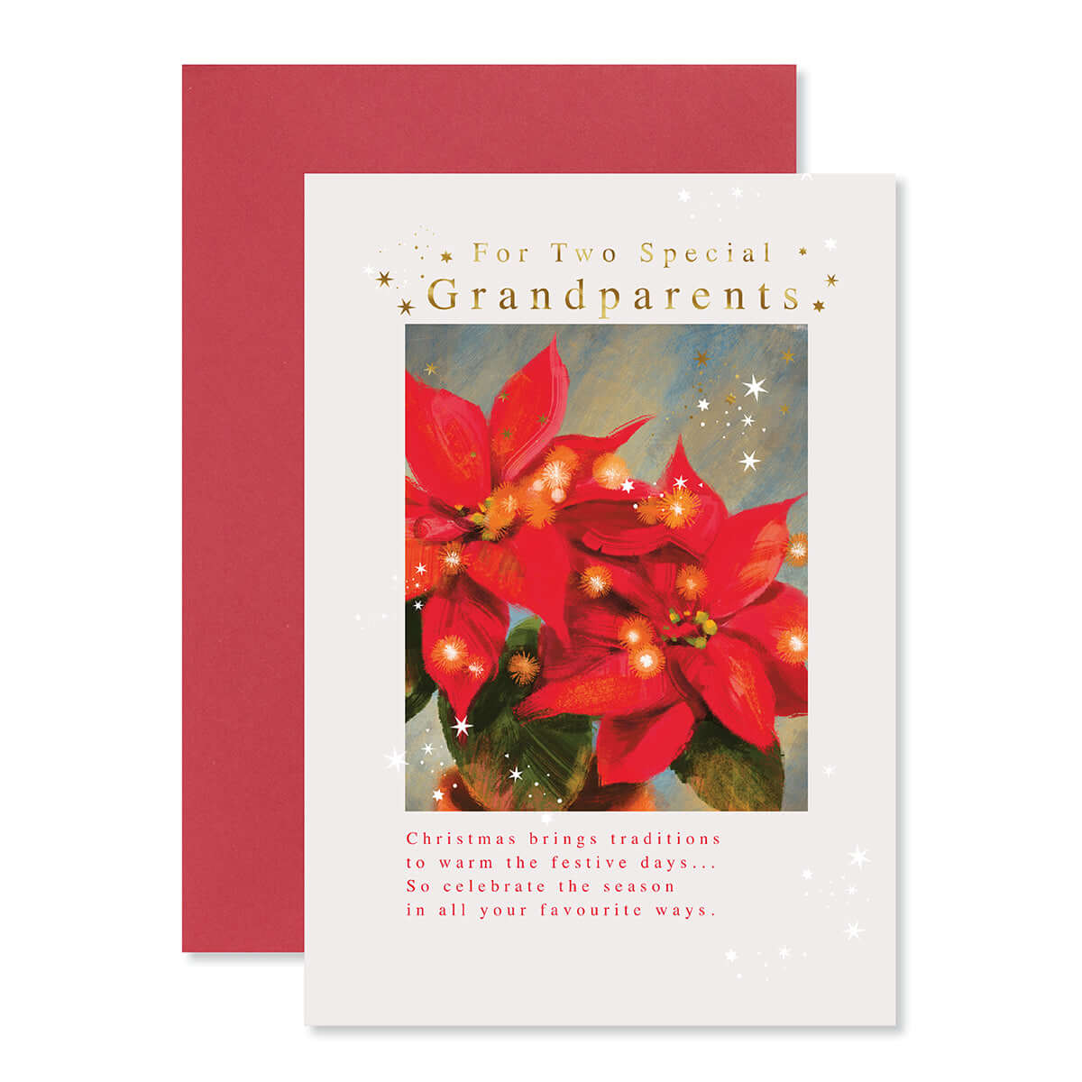 Hallmark Christmas card for grandparents featuring vibrant poinsettia illustration, copper foil highlights and festive message.